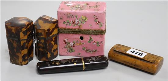 Two tortoiseshell etuis, a tortoiseshell case, a 19th century walnut snuff box and and enamel porcelain etui